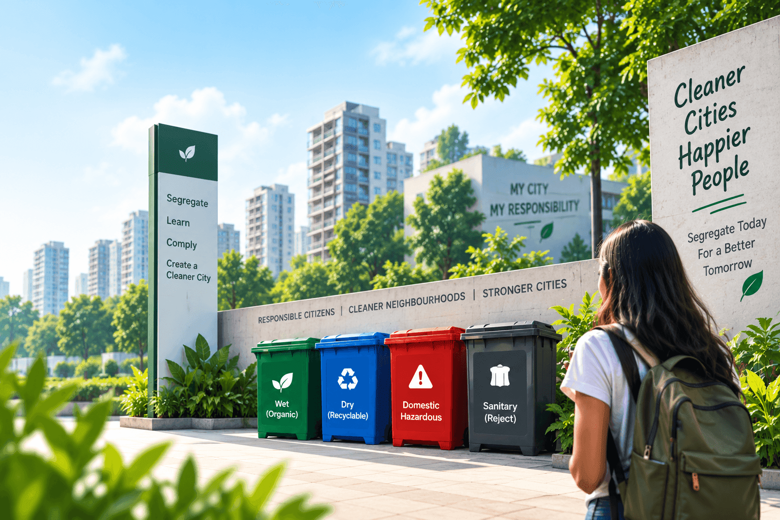 A resident reading a public notice board beside four colour-coded street bins — wet (organic), dry (recyclable), domestic hazardous and sanitary (reject) — on a clean city footpath.